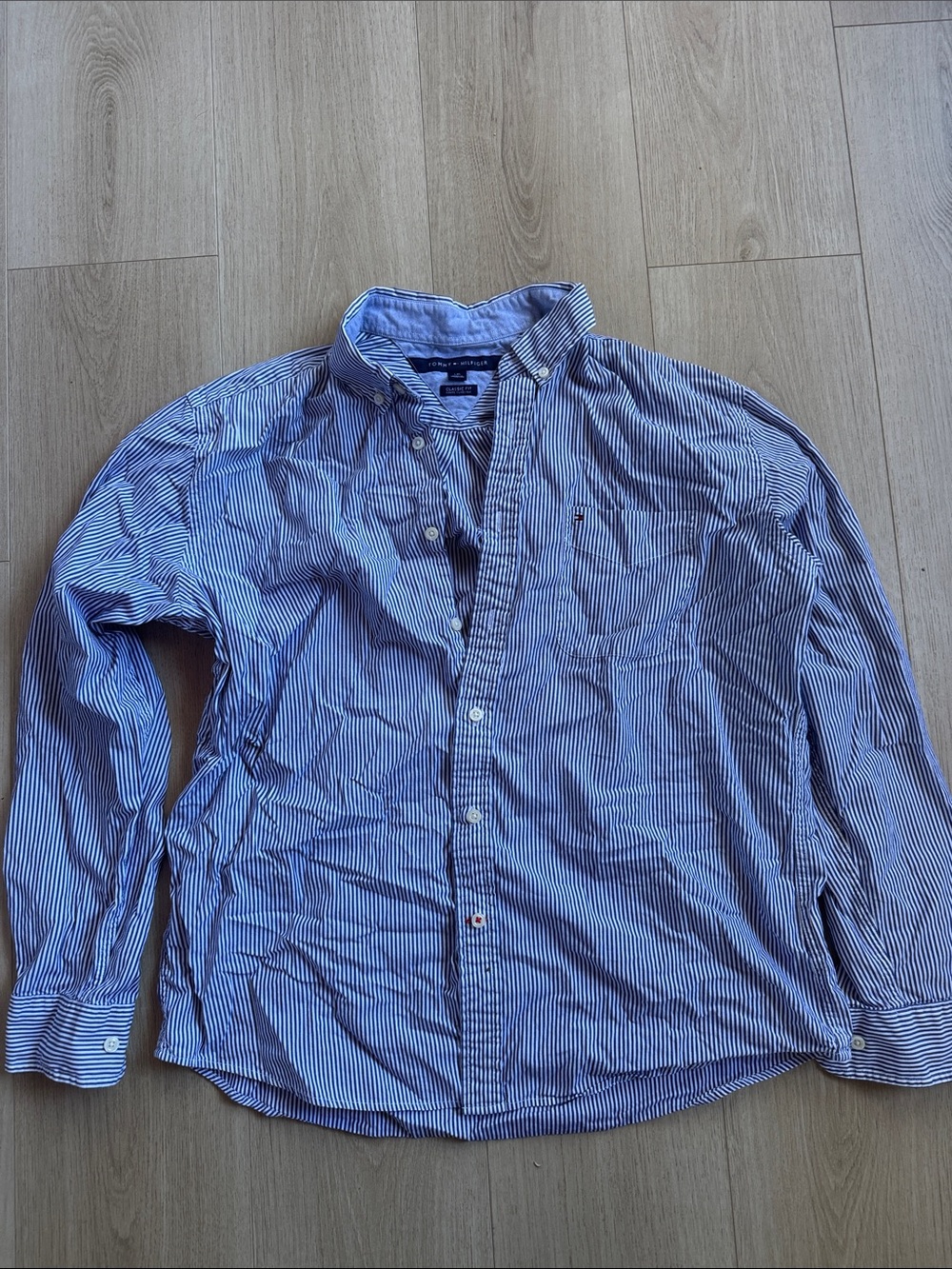 Tommy Hilfiger Blue and White Striped Button-Down Shirt